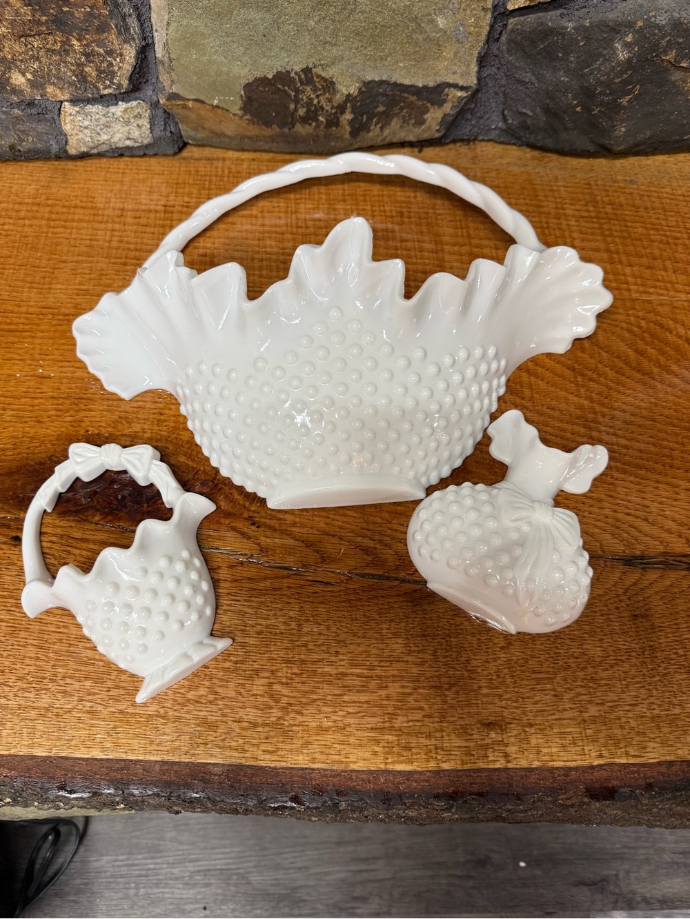 White Hobnail Milk Glass Basket Trio made by Burwood.